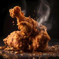 Fried chicken with smoke on a black background. Close-up., Image photo