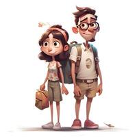 Cute little girl and boy with travel suitcases, illustration., Image photo