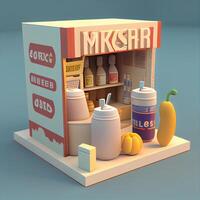 3D illustration of a food stand with different products on a gray background, Image photo