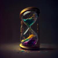 Colorful hourglass with flowing sand on a dark background. Time concept, Image photo