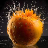 Water splash with apple and orange isolated on black background. Fresh fruit, Image photo