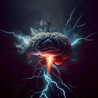 Human brain and electric lightning on dark background. 3D illustration., Image photo