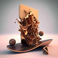 3d render of a skateboard with a lot of pieces of wood, Image photo