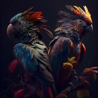 Two macaw parrots on a dark background. 3d render, Image photo
