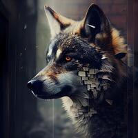 Portrait of a wolf with broken glass. 3D rendering., Image photo