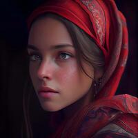 Portrait of a beautiful girl with red shawl on her head., Image photo