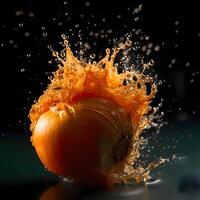 Broccoli and paprika in water on a black background with splashes, Image photo