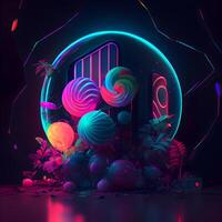 3d render, abstract background with neon lights and candy, 3d illustration, Image photo