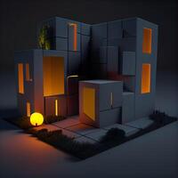 Wooden house in the forest at night. 3D rendering., Image photo