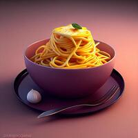 espaguetis carbonara en un blanco cuenco con crema en un oscuro fondo, ai generativo imagen foto