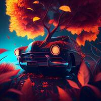 Vintage car on the background of autumn forest. 3d rendering, Image photo