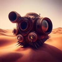 3D rendering of a gas mask in the desert with copy space, Image photo