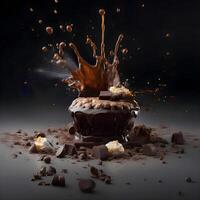 Chocolate cake with splashes and drops on a black background., Image photo