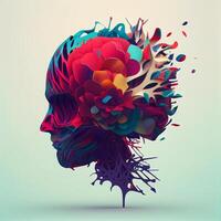 Abstract human head with colorful paint splashes. 3d illustration., Image photo