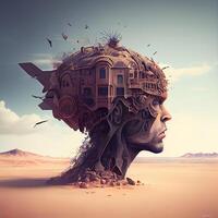 Surreal 3D rendering of a female head with a cityscape, Ai Generative Image photo