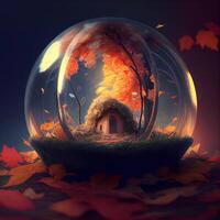 pequeño casa dentro un cristal pelota con otoño hojas en el fondo., ai generativo imagen foto
