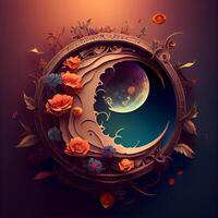 3d illustration of fantasy background with moon, flowers and floral ornament, Image photo