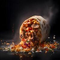 tortilla wrap with meat and tomato sauce on a black background, Image photo