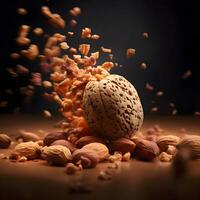 Pile of walnuts falling into the air on a dark background, Image photo