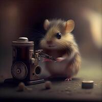 Cute little hamster with old alarm clock on a dark background, Image photo