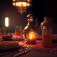 linternas en el mesa. Ramadán kareem 3d representación, ai generativo imagen foto