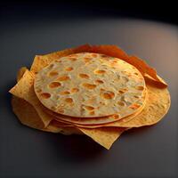 apilar de tortillas en un oscuro antecedentes. 3d prestar., ai generativo imagen foto