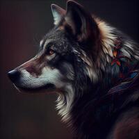 Portrait of a wolf in a scarf on a dark background., Image photo