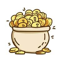 doodle illustration of a bunch of gold coins in a pot vector