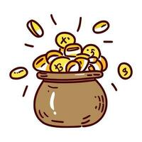 doodle illustration of a bunch of gold coins in a pot vector