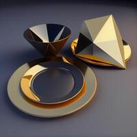 3d illustration of abstract geometric shapes in black and gold colors., Image photo