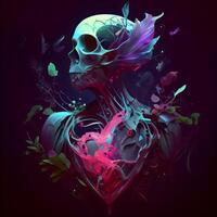 Skull in the form of a heart on a dark background., Image photo