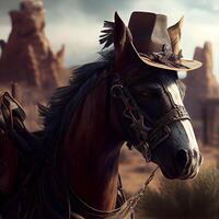 A cowboy with a horse in the desert. 3D rendering., Image photo