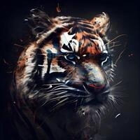 Tigre cabeza con vistoso pintar salpicaduras en un negro fondo., ai generativo imagen foto