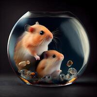 Hamster in a round aquarium with stones on a black background., Image photo