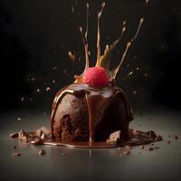 Chocolate cake with caramel glaze and fresh berries on black background, Image photo