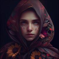 retrato de un hermosa niña en un capucha con flores Víspera de Todos los Santos., ai generativo imagen foto