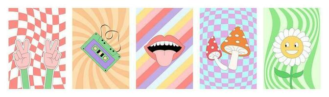 Set of banners in the hippie style of the 70s. Funny hands, audio tape, smile, tongue, mushrooms, cartoon flower. Illustration in retro psychedelic style. vector