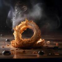 Falling donut with splashes of orange juice on black background, Image photo