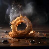 que cae rosquilla con salpicaduras de naranja jugo en negro fondo, ai generativo imagen foto