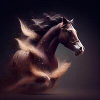 Horse with flying dust particles on black background. 3d rendering, Image photo