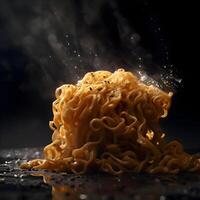 Dry instant noodle with splashes of water on black background, Image photo