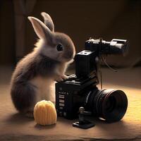 Rabbit and camera on a brown background. Easter holiday concept., Image photo