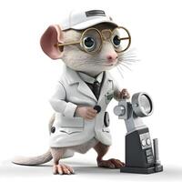 Cute cartoon mouse in a lab coat is holding a microscope. White background. Isolated., Image photo