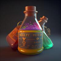 Magic potion in a bottle. 3d render illustration on black background, Image photo