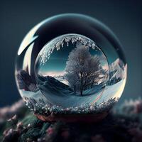 Crystal ball with winter landscape. 3D illustration. Selective focus., Image photo