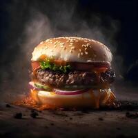 Hamburger with smoke on a black background. Close-up., Image photo