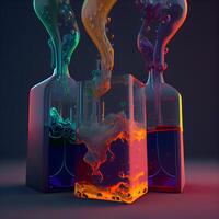 Colorful liquid splashing out of a bottle. 3D rendering, Image photo