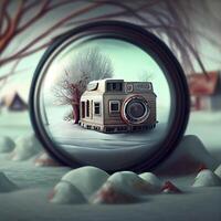 Vintage camera in the winter forest. 3d render illustration., Image photo