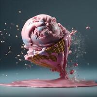 Ice cream in waffle cone with splashes and candies on dark background, Image photo