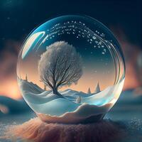 Snow globe with tree inside. Christmas and New Year concept. 3D Rendering, Image photo